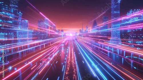 Abstract futuristic city with glowing lines and vibrant colors at sunset