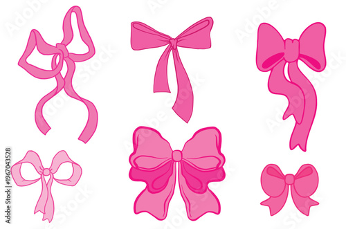 Elegant pink bows set isolated on white background. Vector cartoon illustration of vintage coquette ribbon decoration for invitation frame, birthday card, romantic letter, cute lace fashion detail