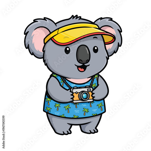 A cartoon koala wearing a yellow visor and blue Hawaiian shirt holds a camera against a clean white background with a cheerful mood.