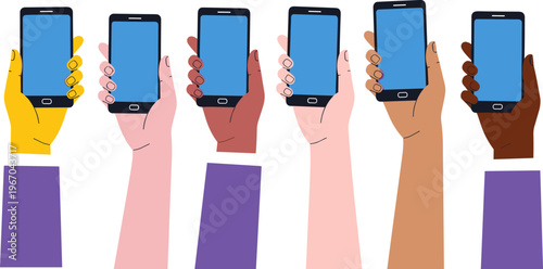 Diverse hands holding smartphones, multicultural people using mobile devices, communication technology concept, social media usage, digital connection, flat vector illustration