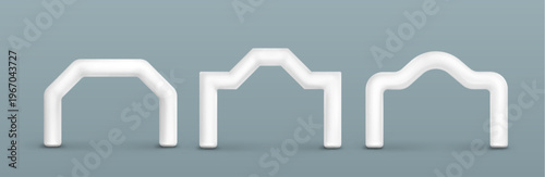 White inflatable arches for marathon finish line. 3D realistic vector gate mockup with blank advertising space isolated on background. Professional race event entrance for sports competitions.