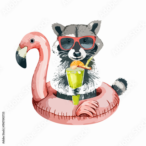 Süßer Waschbär mit Sonnenbrille auf Flamingo-Schwimmring mit Cocktail – Aquarell Sommermotiv