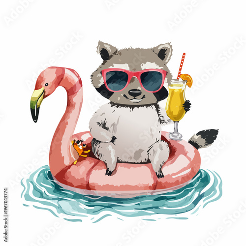 Süßer Waschbär mit Sonnenbrille auf Flamingo-Schwimmring mit Cocktail – Aquarell Sommermotiv