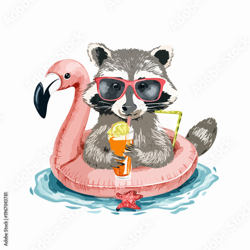 Süßer Waschbär mit Sonnenbrille auf Flamingo-Schwimmring mit Cocktail – Aquarell Sommermotiv