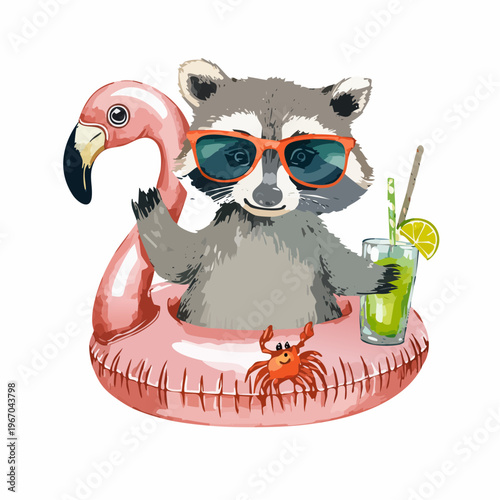 Süßer Waschbär mit Sonnenbrille auf Flamingo-Schwimmring mit Cocktail – Aquarell Sommermotiv