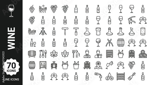 A collection of wine icons and symbols in a simple line art style Ai, eps, jpg, transparent background, eps