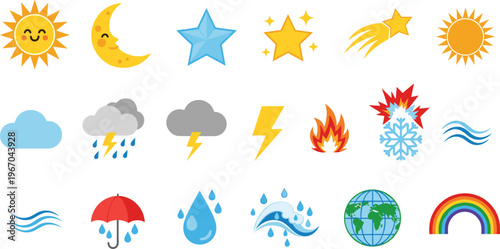 Weather icons vector set, sun moon cloud rain lightning snow rainbow wind symbols, climate forecast elements, colorful flat illustration collection design