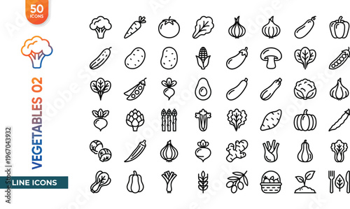 A collection of fifty black line icons of various vegetables on a white background for use in design and illustration purposes effectively.