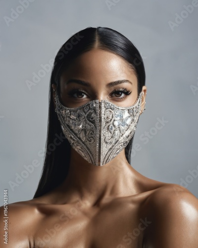 Adult Woman Wearing Embellished Silver Fashion Face Mask Studio Portrait