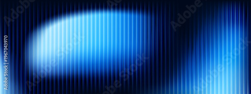 Glass fractal design with neon blue gradient and geometric stripes pattern. Vertical ribbed texture with prismatic light effect, abstract vector background. Fluorescent technological banner