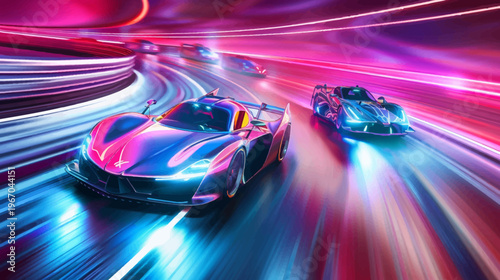 Futuristic racing cars speeding along a neon lit track at high velocity