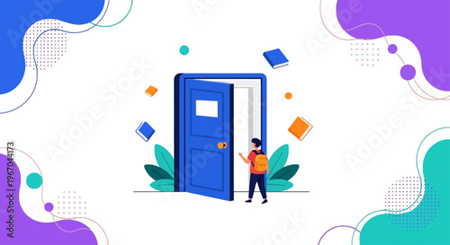 Student approaches a giant open book functioning as a door, representing education as a pathway to knowledge and future possibilities in a vibrant, abstract setting.