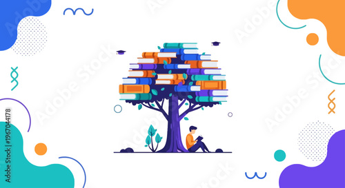 Person reads peacefully under a vibrant tree whose canopy is formed by numerous colorful books, symbolizing the profound growth of knowledge and education through diligent study.