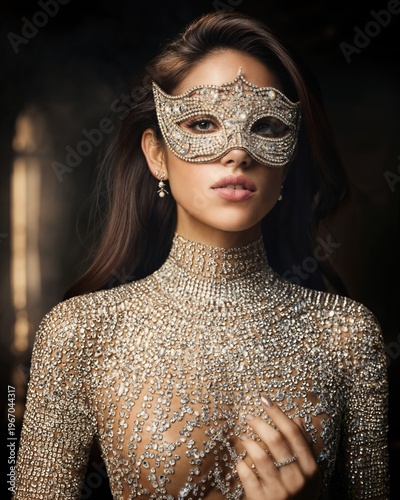 Glamorous Masquerade Portrait Of One Asian Woman Wearing Jeweled Mask And Dress