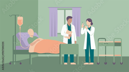 Medical team attending to patient in hospital room with IV and syringe