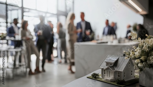A miniature model house in focus with blurred people mingling in the background of a modern indoor setting.