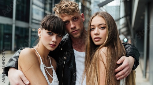 Three Young Adults Embracing on Urban Street Fashion Portrait