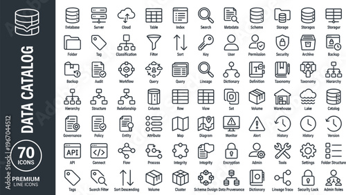 Data catalog icons set for business and technology, a collection of line style symbols for data management and analysis, 70 premium vector graphics.