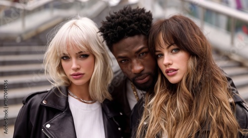 Three Stylish Young Adults Close-Up Portrait on Urban Stairs Wearing Leather Jackets