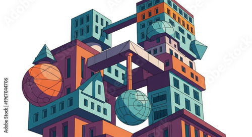 Abstract architectural structure with geometric shapes and spheres.