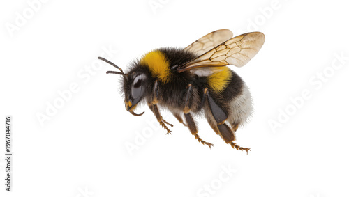 Cuadro en lienzo Fluffy bumblebee with yellow and black stripes, isolated on transparent backgrou