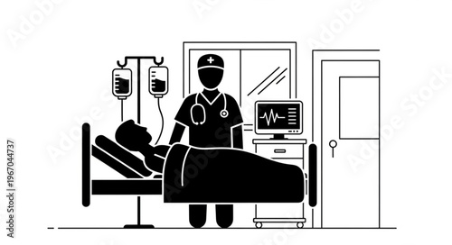 Doctor standing by patient in hospital bed with IV drip.