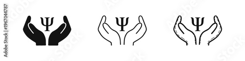 Hands holding Psi symbol, illustrating psychological support and care, set of mental health icons in various styles.