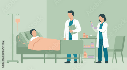 Medical team providing care to a patient in a modern hospital room