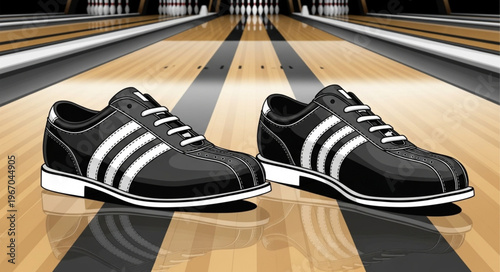 Pair of black bowling shoes on a wooden lane.