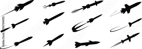 Rocket silhouette flight paths, missile trajectory illustration, aerospace design artwork, defense technology concept, black vector rockets, space launch graphic