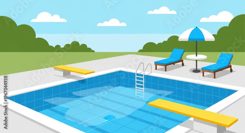 Outdoor swimming pool with lounge chairs and umbrella.