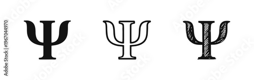 Classic Psi symbol icon set, representing psychology and mental well-being in various styles.