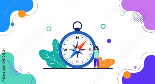 Business person stands beside a giant compass, symbolizing strategic guidance, decision-making, and navigating challenges towards a successful future.