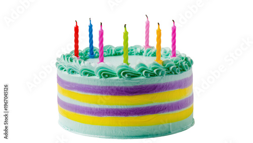 Canvas Print Multi-layered birthday cake with colorful candles, isolated on transparent backg