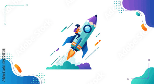 Student riding a pencil rocket into the sky represents the exciting journey of learning and professional growth towards success.