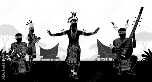 Indigenous people performing traditional dance and music.