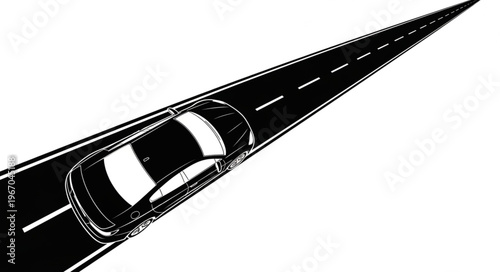 Black and white illustration of a car driving on a long road.
