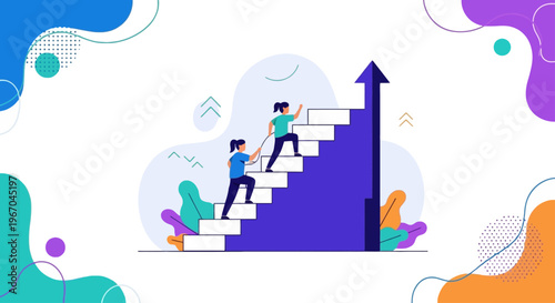 Two people collaboratively climb a rising staircase towards an upward arrow, symbolizing teamwork, progress, and achieving shared goals in a challenging environment.