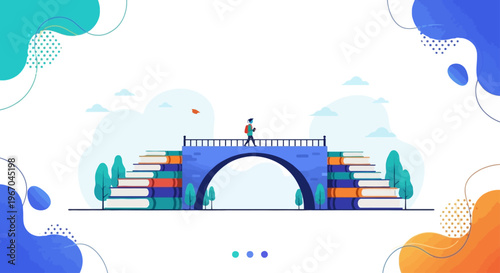 Person walking on a bridge constructed from books, symbolizing the journey of education, continuous learning, and gaining knowledge for personal growth.
