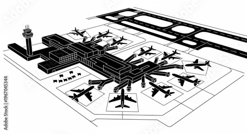 Modern Airport Terminal with Airplanes on Tarmac and Runway.