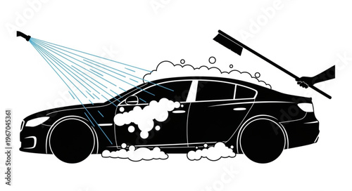 Black Sedan Car Being Washed with Soap and Water.