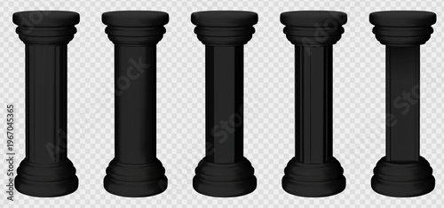 Black hexagon column. Concrete museum pillar stand with trophy podium. Antique greek pedestal for business product to show. Cylindrical plastic display monument block. Ornamental vertical frame