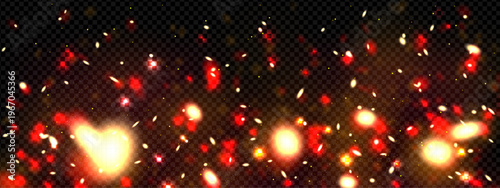 Red glitter particles with pink firefly light and magic sparkle overlay background. Galaxy bokeh effect with deep fire and luxury night starlight. Cool voodoo neon fantasy fluorescent stars shine
