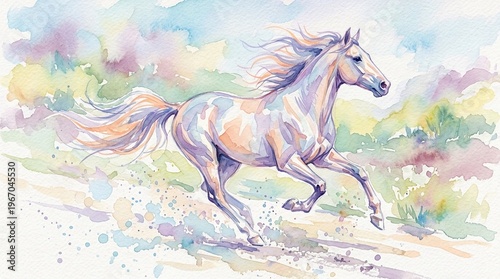 Artistic watercolor illustration of a galloping horse in pastel colors