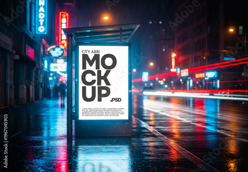 City night scene bus stop poster mockup