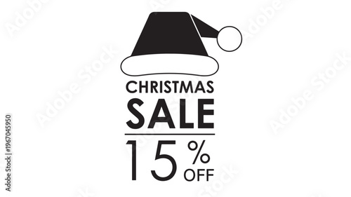 Santa hat icon with Christmas sale announcement and 15 percent off discount graphic, perfect for holiday promotions