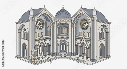 Ornate Gothic Revival Synagogue Building Facade Illustration.
