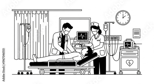 Medical Team Providing Emergency Care to Patient in Hospital Room.