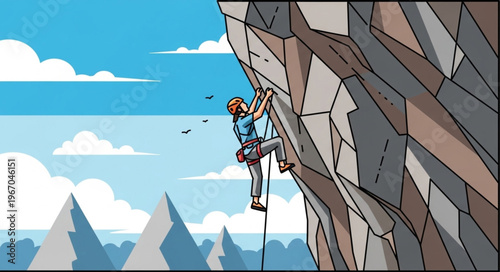 Man climbing a steep rock face with a harness and helmet.