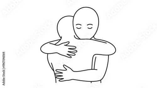 Two abstract figures sharing a warm hug with closed eyes and outstretched hands embracing each other tightly.